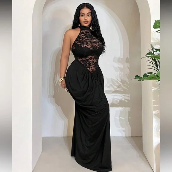 Black Backless Lace Halter Gown - Picture 5 of 8